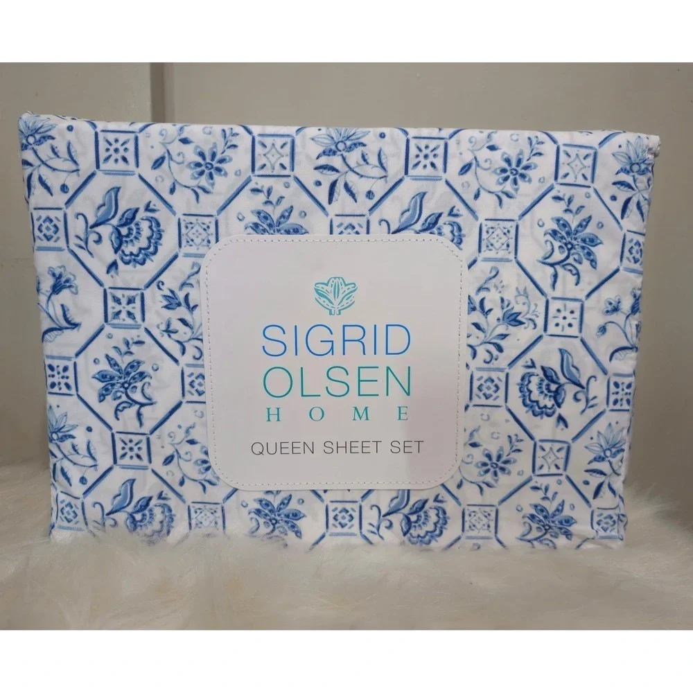 Sigrid Olsen‎ Home Queen Sheet Set Blue White Floral Tile NWT